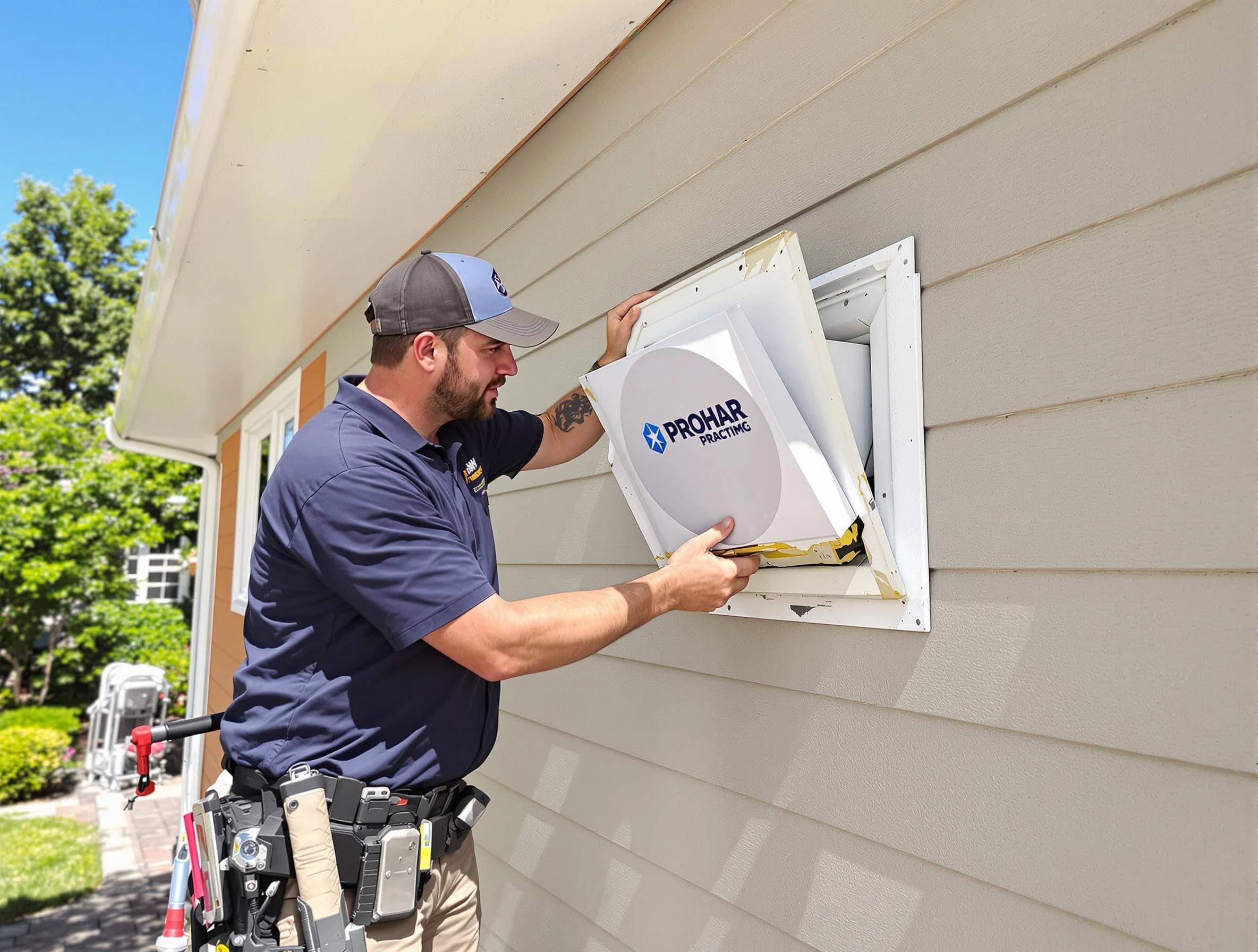 Berthoud Dryer Vent Cleaning technician installing a new protective dryer vent cover on a home in Berthoud