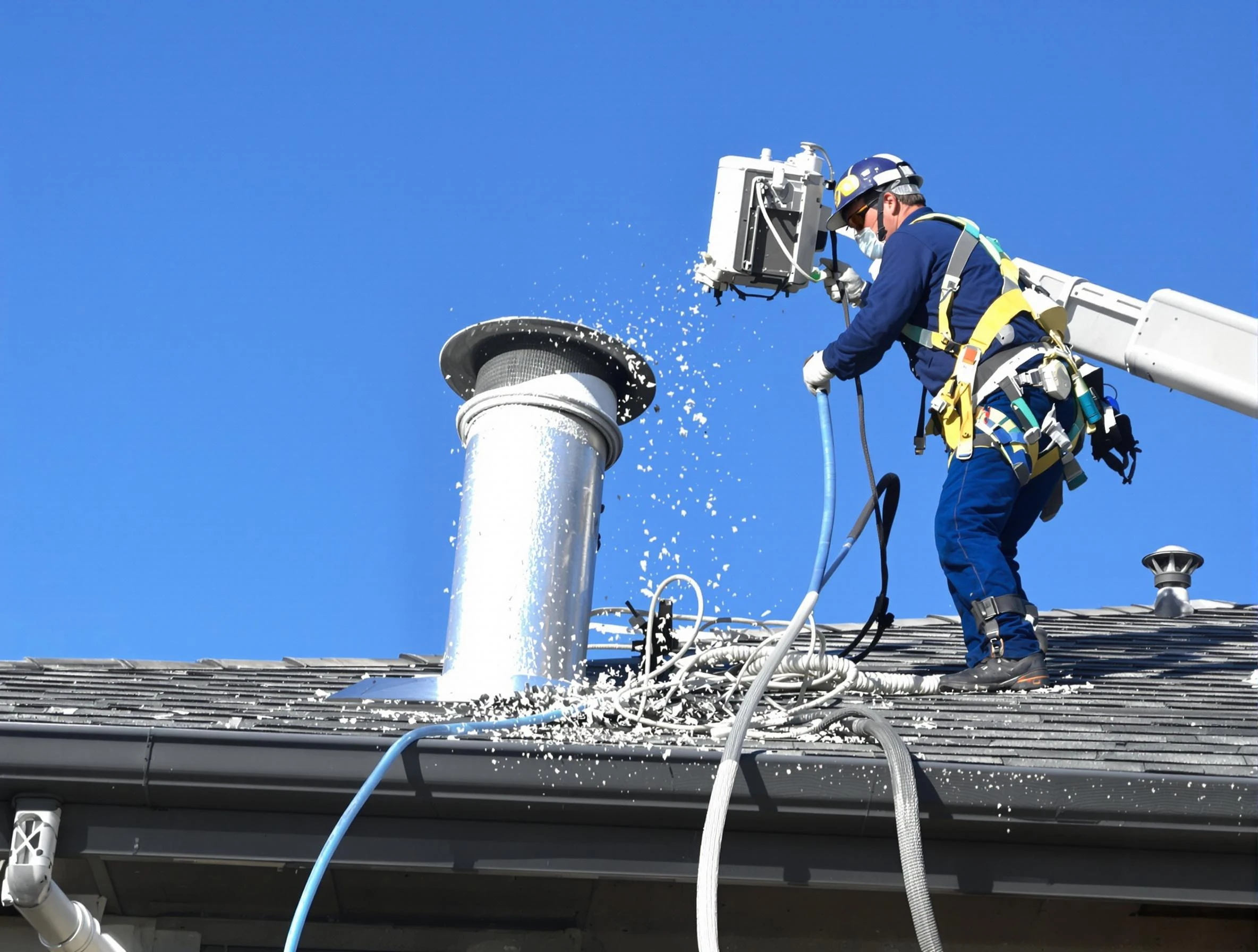 Berthoud Dryer Vent Cleaning certified technician safely cleaning a roof-mounted dryer vent in Berthoud